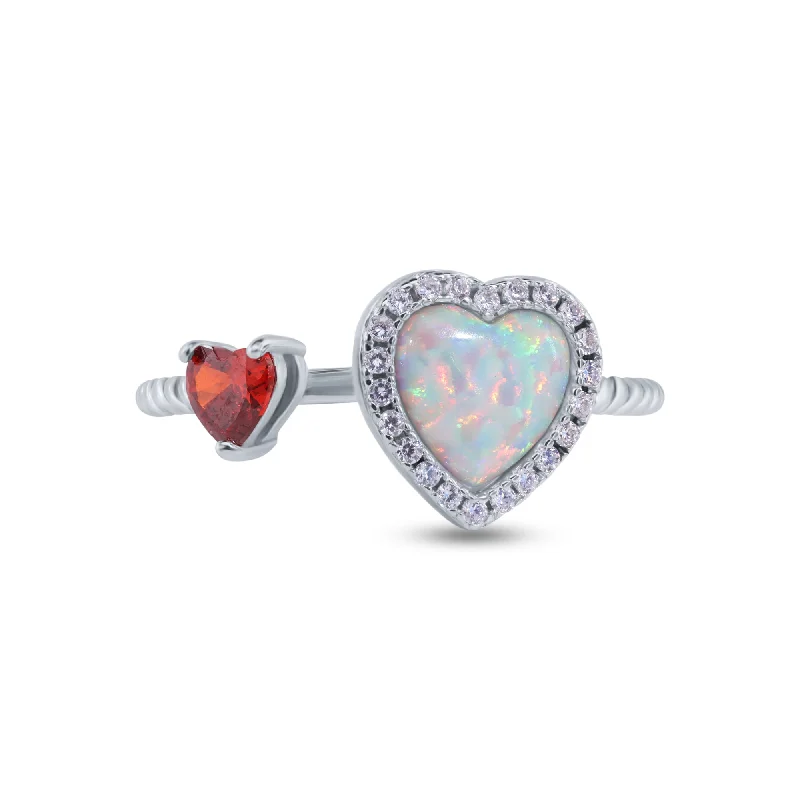 Ladies rings lightweight options-Rhodium Plated 925 Sterling Silver 2 Hearts Synthetic Opal and Red CZ 1.5mm Ring - BGR01374