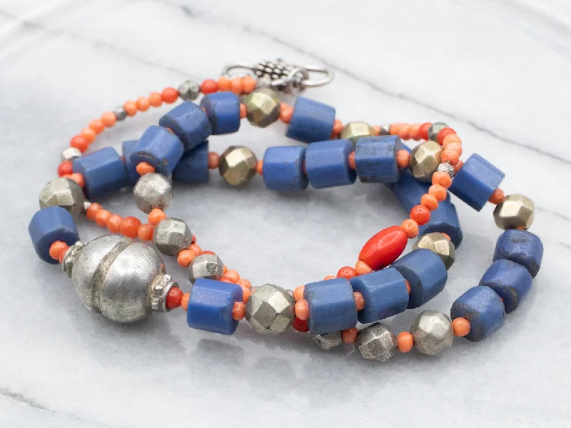 Ladies rings gold-plated-Mixed Era Blue Glass, Coral, Sterling Silver African Trade Beaded Necklace