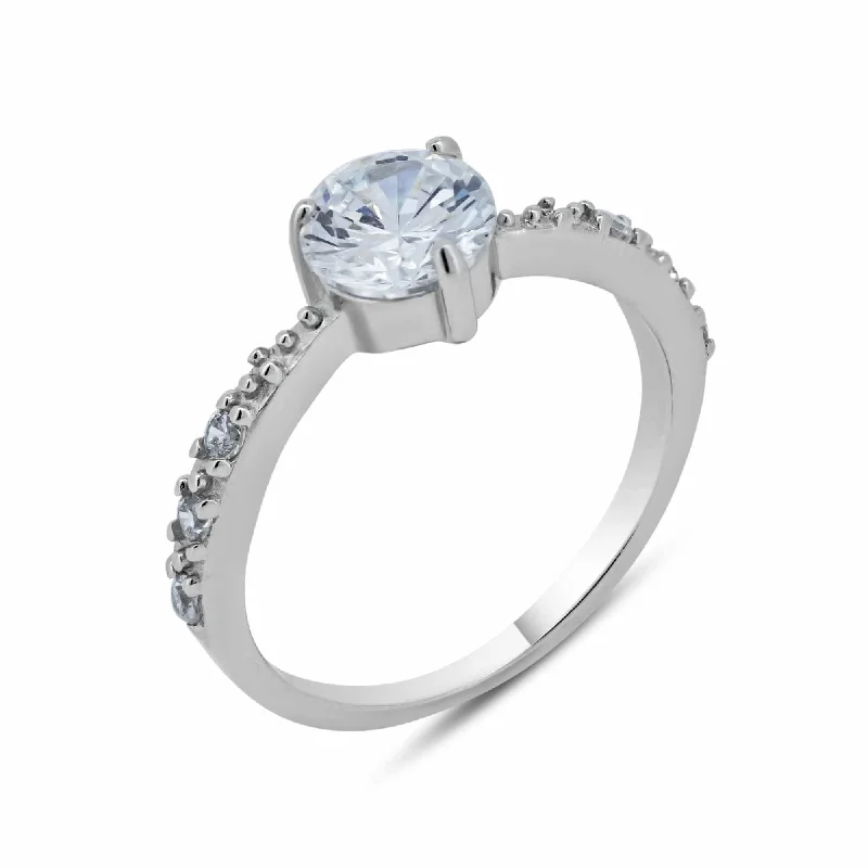 Ladies rings Mother’s Day-Silver 925 Rhodium Plated Round Center Clear CZ Bridal Ring - BGR00539