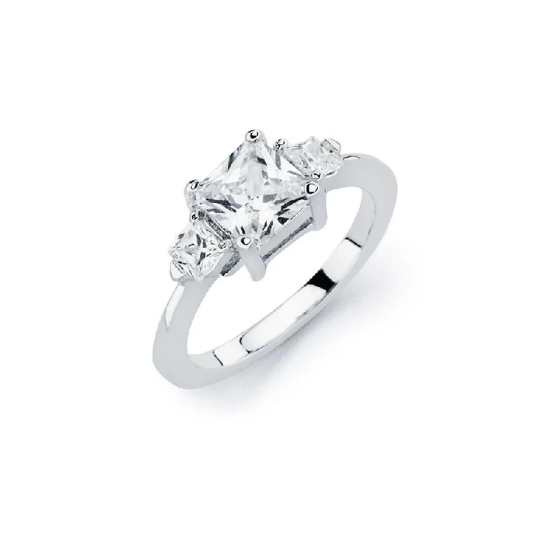 Ladies rings engraved names-Silver 925 Rhodium Plated Clear Square Center CZ Bridal Ring - BGR00763