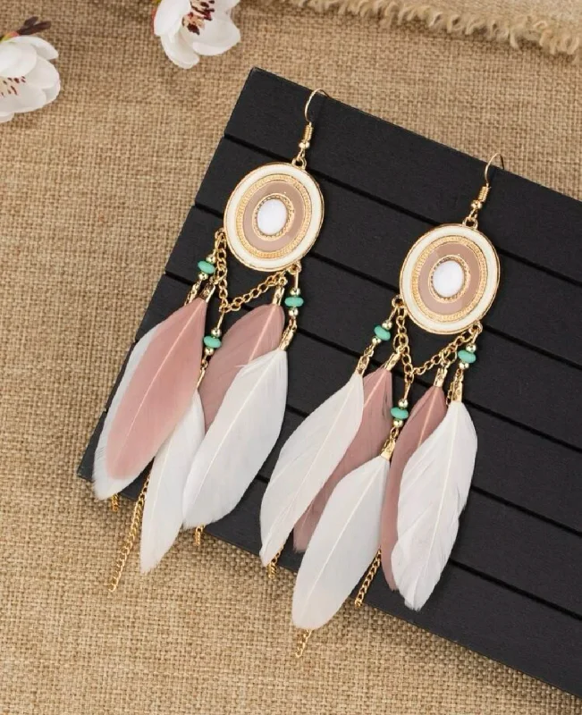 Ladies earrings global brands-Oval Pink and White Feather Tassel Earrings