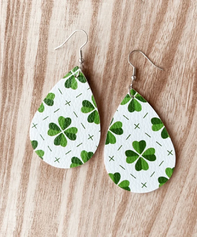 Ladies earrings mature styles-Leather Shamrock Teardrop Earrings