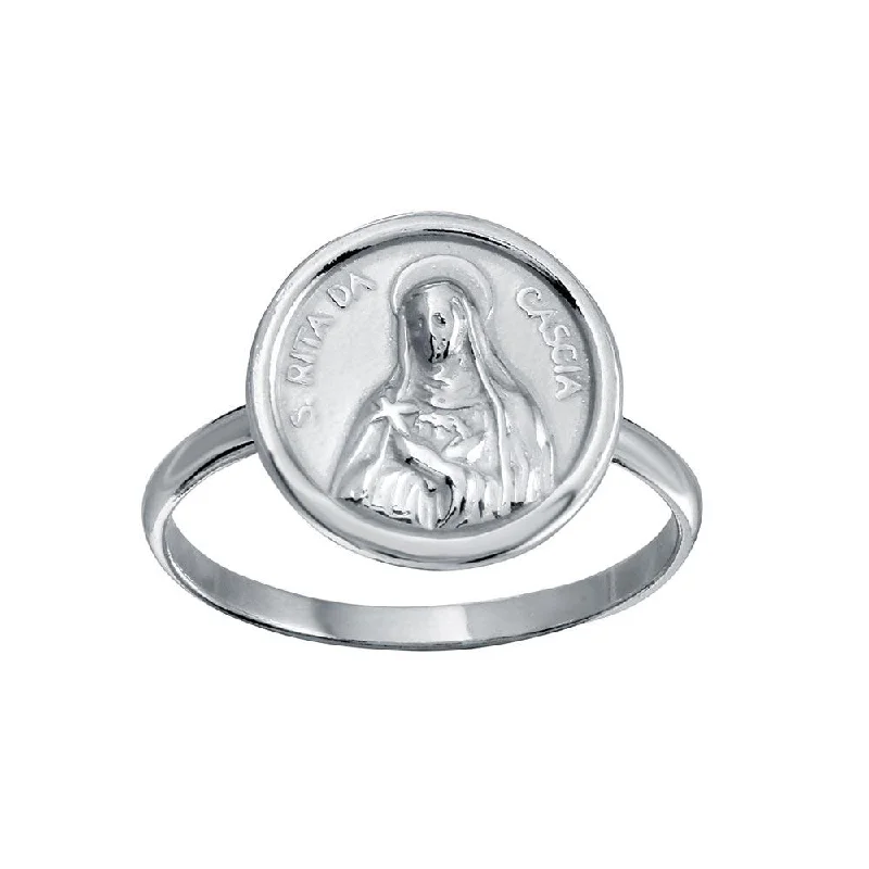 Ladies rings engagement options-High Polished 925 Sterling Silver Disc Mother Mary Design Ring - SOR00031