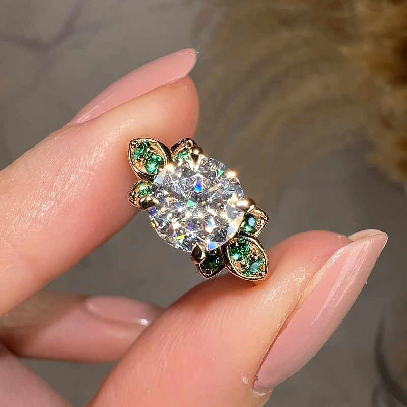 Ladies engagement rings floral motifs-"Orla" Floral Round Brilliant Cut Diamond Green Leaf Marquise Emerald Rose Gold Engagement Ring