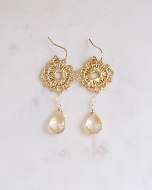 Ladies earrings ethnic patterns-Citrine Flower Earrings