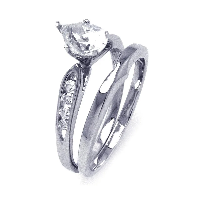 Ladies rings viral designs-Silver 925 Rhodium Plated Clear Teardrop CZ Bridal Ring Set - STR00843