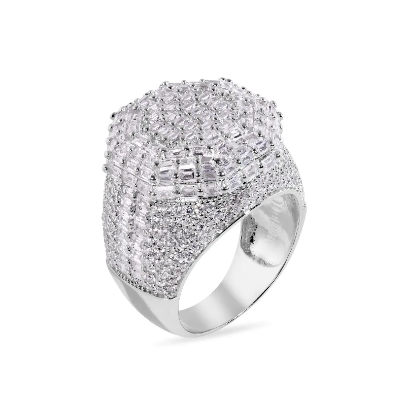 Ladies rings group styles-Rhodium Plated 925 Sterling Silver Statement Baguette Clear CZ Studded Octagon Top 20.4mm Ring - GMR00387