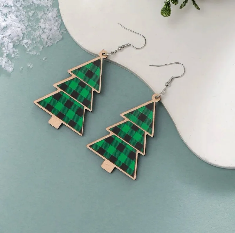 Ladies earrings care tips-Wooden Green Plaid Christmas Tree Earrings