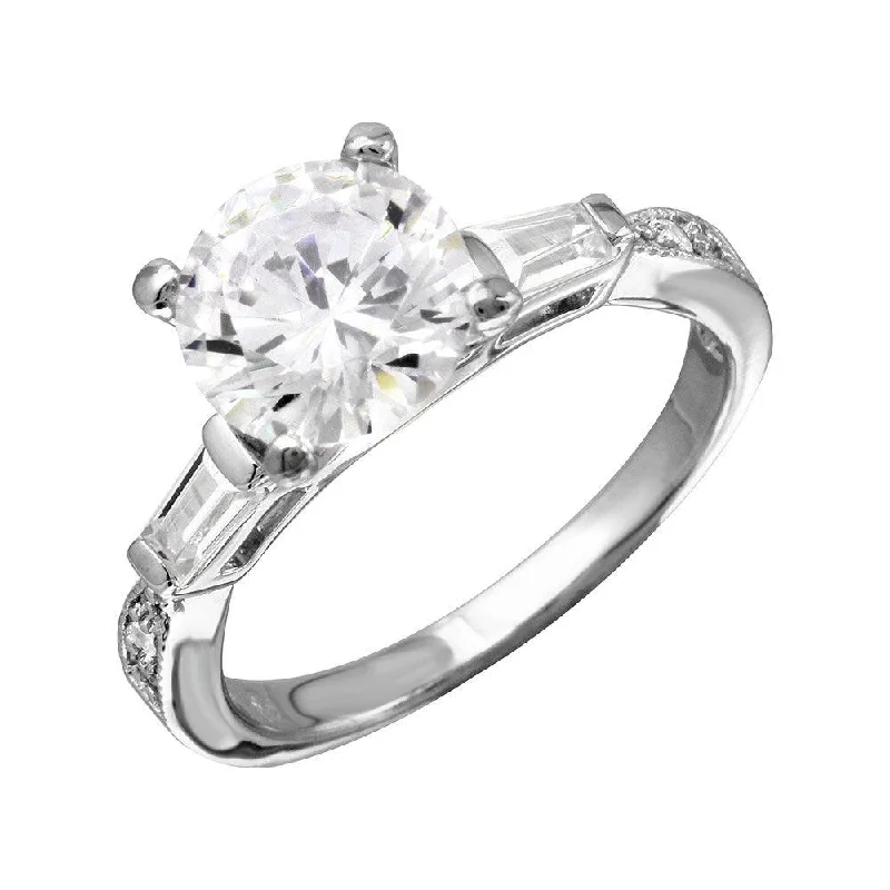 Ladies rings top brands-Rhodium Plated 925 Sterling Silver Round Center Baguette Shank CZ Stone Bridal Ring - BGR01094