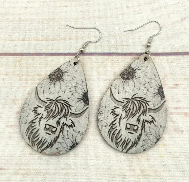 Ladies earrings memory keepsakes-Highland Bloom Wooden Cow Earrings