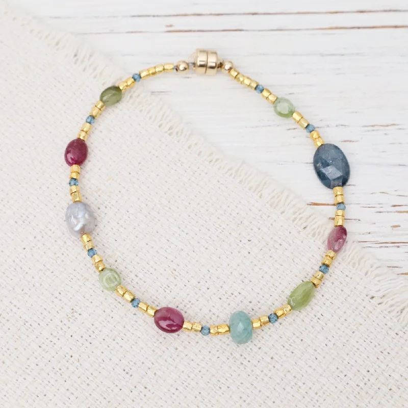 Ladies bracelets matching sets-Single Strand Gold Glass Tourmaline Mix Magnetic Bracelet