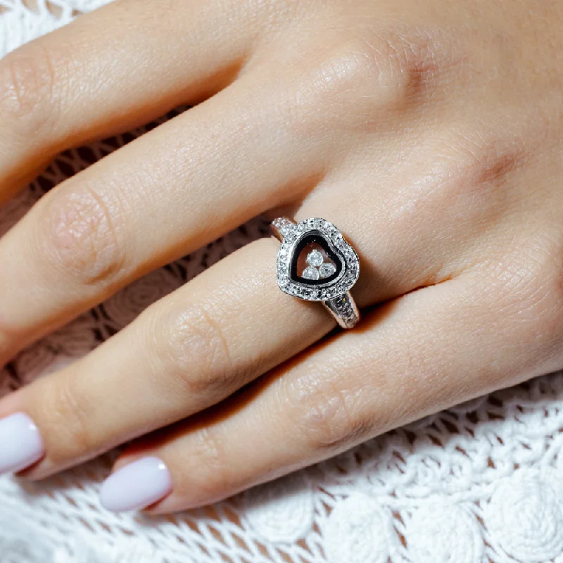 Ladies rings e-commerce finds-Silver 925 Rhodium Plated Black Outlined Heart CZ Ring - STR00002