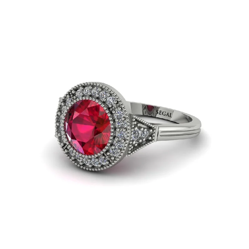 Ladies engagement rings popular brands-Round Cut Ruby Milgrain Halo Engagement Ring - Maggie No. 12