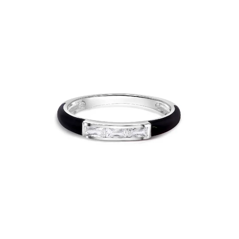 Ladies rings minimalist looks-Rhodium Plated 925 Sterling Silver Clear Black Enamel Baguette CZ 2.5mm Ring - BGR01373