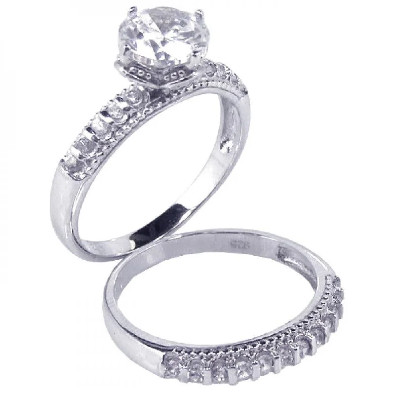 Ladies rings pearl details-Silver 925 Rhodium Plated Clear Round CZ Bridal Ring Set - STR00388