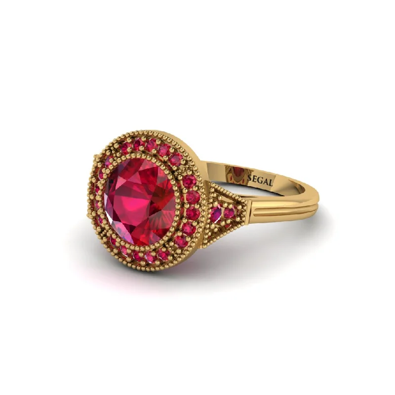 Ladies engagement rings romantic gifts-Round Cut Ruby Milgrain Halo Engagement Ring - Maggie No. 55