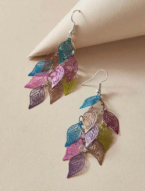 Ladies earrings stud trends-Beautiful Purple and Green Leaf Tassel Earrings