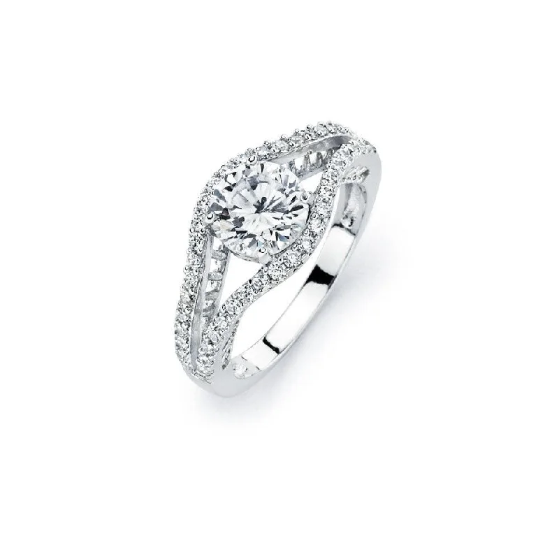 Ladies rings gold-plated-Silver 925 Rhodium Plated Round Clear Pave Set CZ Bridal Ring - BGR00447