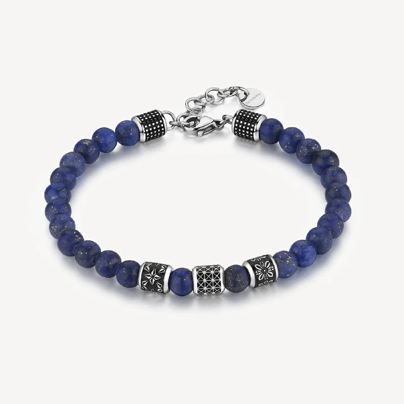 Ladies bracelets gothic charm-Stainless Steel and Lapis Bead Bracelet