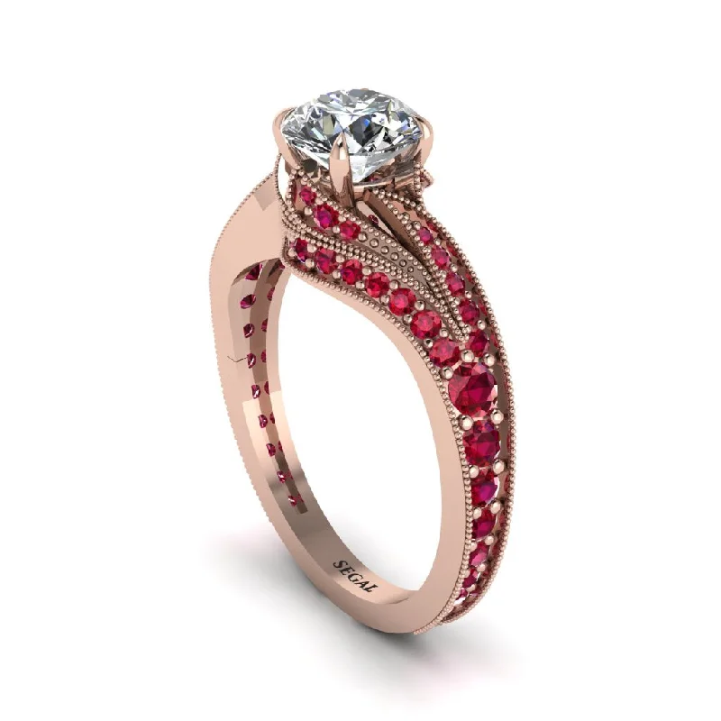 Ladies engagement rings engraved details-Ruby 14K Gold Pave Engagement Ring - Magnolia No. 47