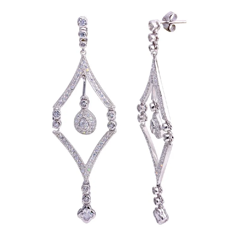 Ladies earrings customer reviews-Silver 925 Rhodium Plated Clover and Teardrop CZ Square Open Chandelier Dangling Post Earrings - STE00396