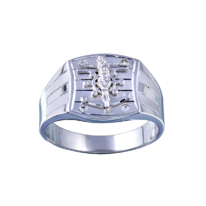 Ladies rings unique designs-Rhodium Plated 925 Sterling Silver Crucifix Anchor CZ Hip Hop Ring - GMR00326