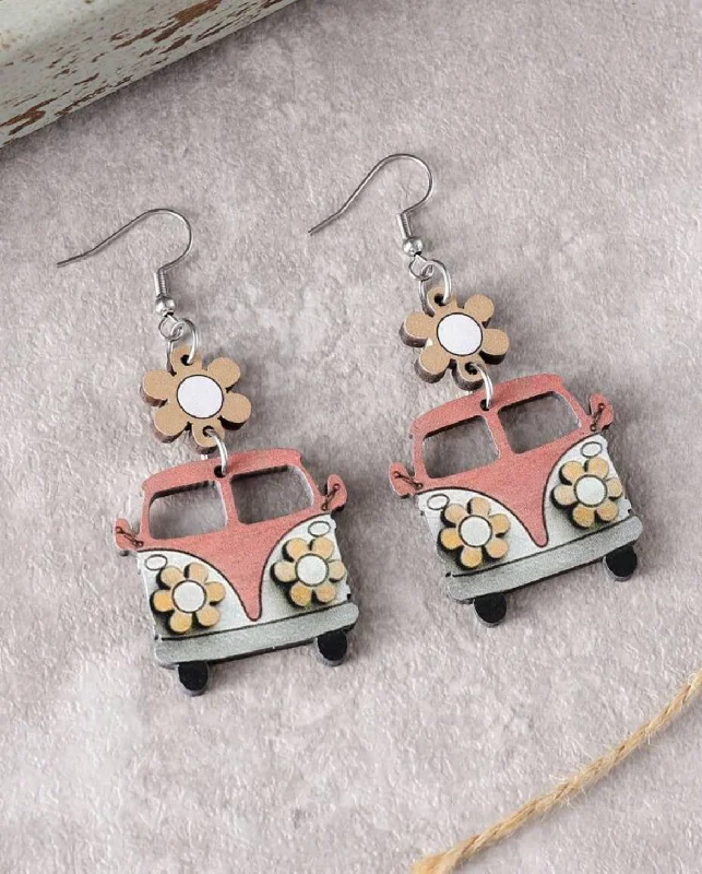 Ladies earrings rose gold-Vintage Pink and Orange Flower School Bus Earrings