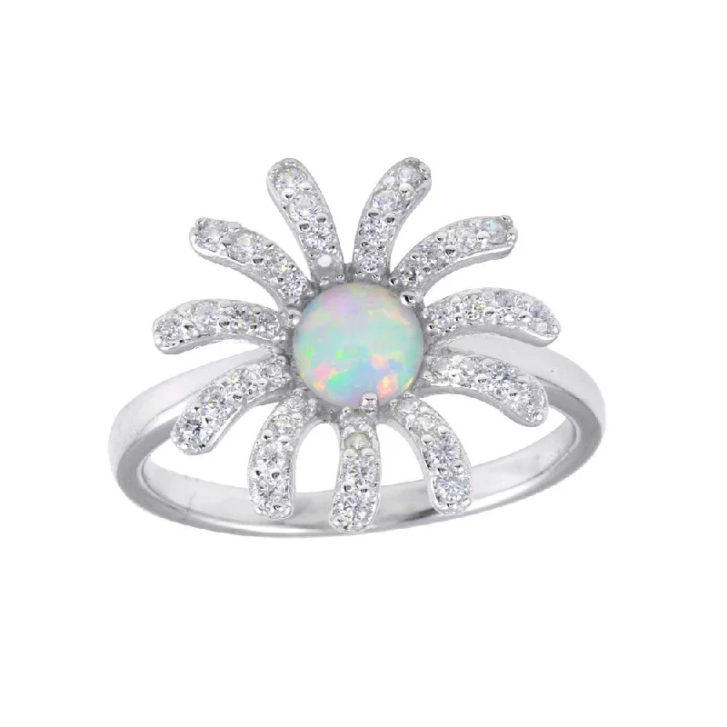 Ladies rings office styles-Rhodium Plated 925 Sterling Silver Flower Synthetic Opal Center CZ Ring - BGR01259