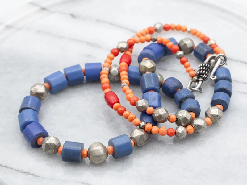 Ladies rings geometric patterns-Mixed Era Blue Glass, Coral, Sterling Silver African Trade Beaded Necklace