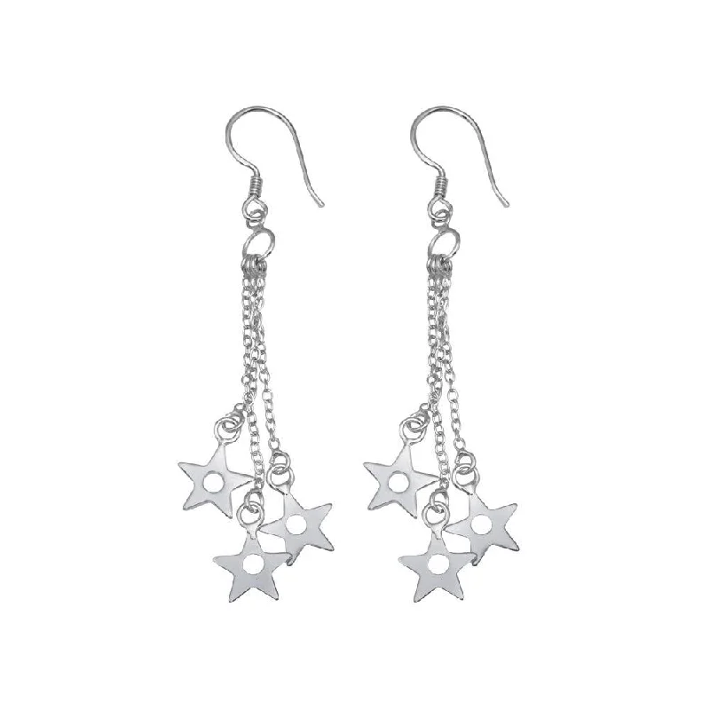 Ladies earrings designer brands-Silver 925 Rhodium Plated Three Wire Dangling Open Stars Hook Earrings - DSE00014