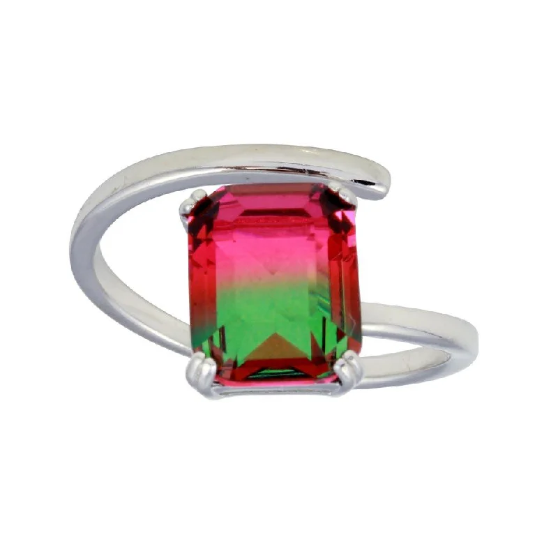 Ladies rings open patterns-Rhodium Plated 925 Sterling Silver Rectangle Open Shank Green to Red Gradient CZ Ring - STR01108