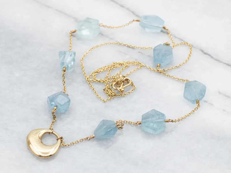 Ladies rings elegant looks-Yellow Gold Aquamarine Bead Station Necklace with Pendant