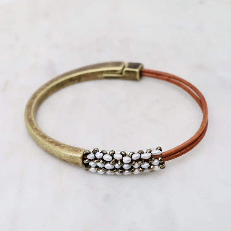 Ladies bracelets sister sets-Hand Stitched Tiny Rice Pearls & Pyrite Leather 1/2 Cuff Bracelet