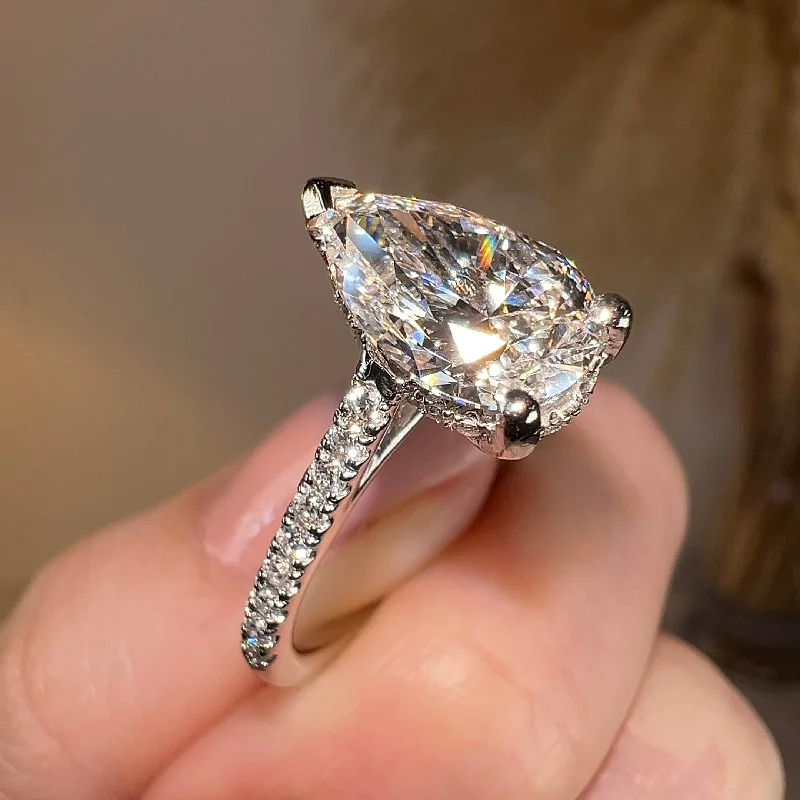 Ladies engagement rings romantic gifts-"Bambi" Under Hidden Halo 3 Carat Pear Cut Diamond Shoulders Engagement Ring