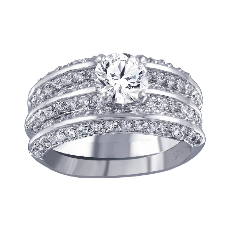 Ladies rings engraved names-Rhodium Plated 925 Sterling Silver Clear CZ Bridal Ring Set - BGR00123