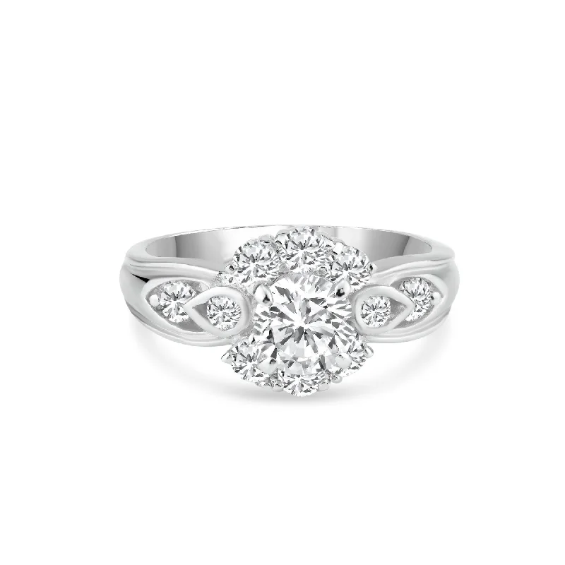 Ladies rings engraved names-Silver 925 Rhodium Plated Clear Center and Cluster CZ Flower Ring - BGR00729