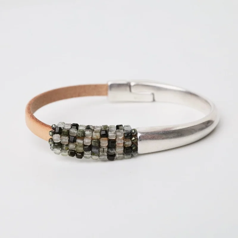 Ladies bracelets standout pieces-Green Amethyst Leather & Half Silver Cuff Bracelet