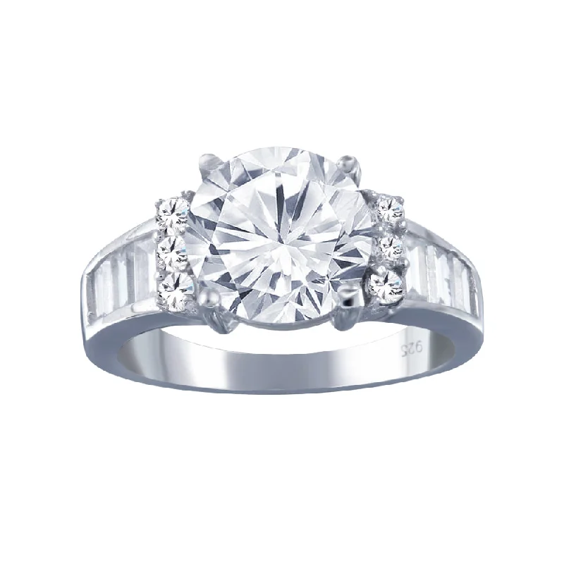 Ladies rings party wear-Rhodium Plated 925 Sterling Silver Clear Baguette Round Center Center CZ Bridal Ring - BGR00389