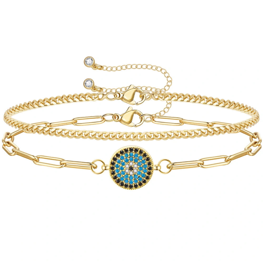 Ladies bracelets modern looks-14k Gold Plated Dainty Layered Evil Eye Bracelets- Round eye & Cuban