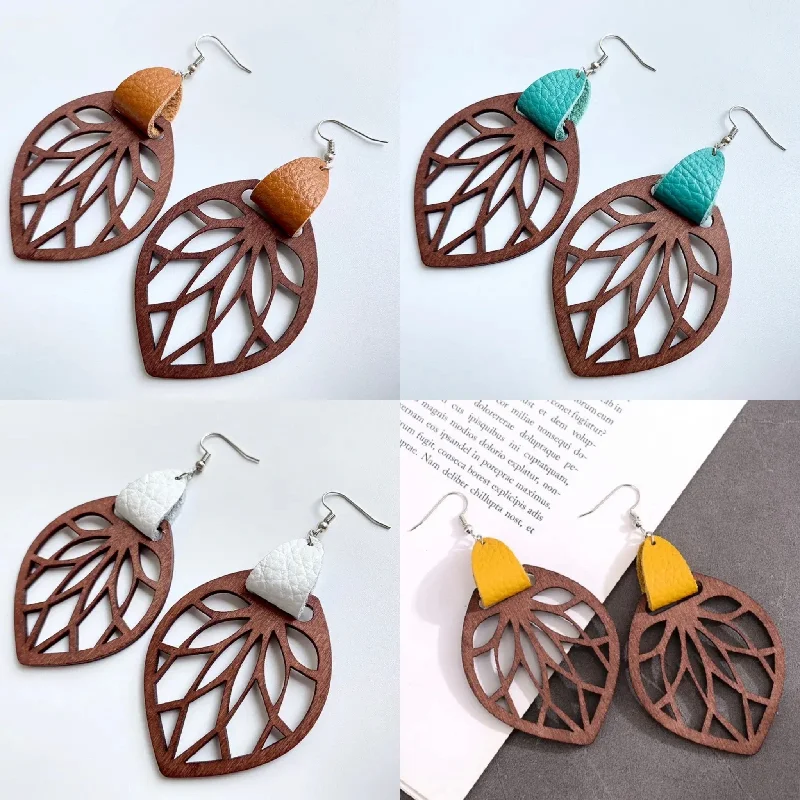 Ladies earrings price range-Genuine Leather Wrap Cutout Wood Leaf Drop Earrings