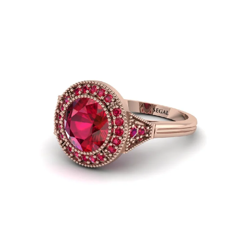 Ladies engagement rings online shopping-Round Cut Ruby Milgrain Halo Engagement Ring - Maggie No. 56