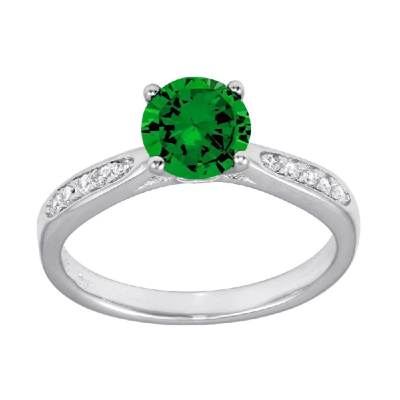 Ladies rings floral accents-Rhodium Plated 925 Sterling Silver Round Green CZ Center Stone Ring - BGR01231GRN