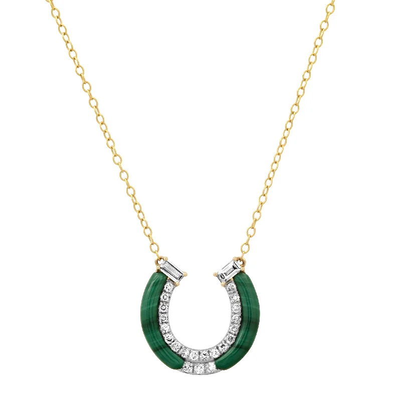 Ladies rings friendship bands-Malachite Horseshoe Necklace with Diamonds