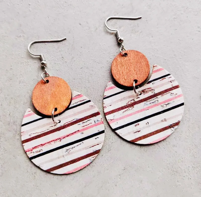 Ladies earrings engraved names-Pink Striped Wood and Cork Earrings