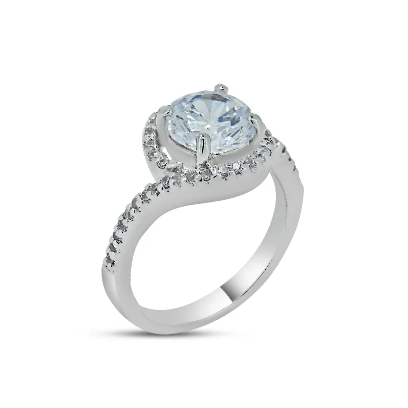 Ladies rings punk edge-Rhodium Plated 925 Sterling Silver Clear Round Center CZ Bridal Ring - BGR00366