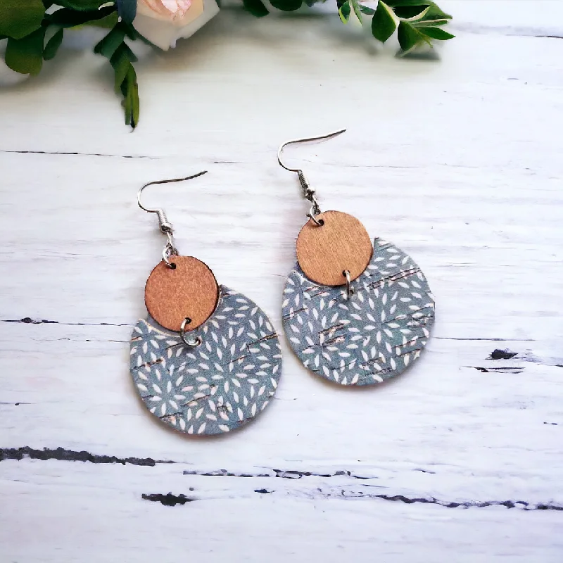 Ladies earrings e-commerce sites-Round Air Force Blue Wood and Cork Earrings