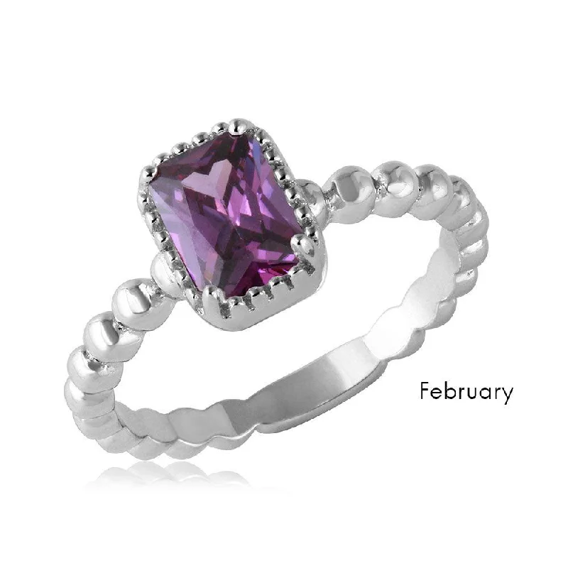 Ladies rings sapphire gems-February Sterling Silver 925 Rhodium Plated Beaded Shank Square Center Birthstone Ring - BGR01081FEB