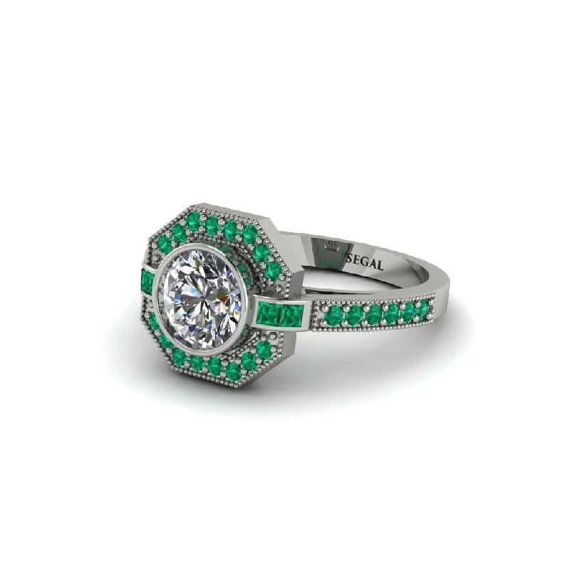 Ladies engagement rings couple designs-Emerald Octagon Halo Engagement Ring - Leia No. 18