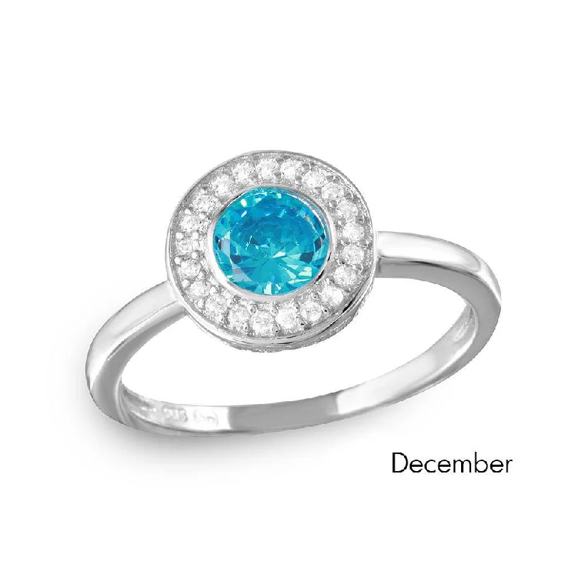 Ladies rings classic designs-December Sterling Silver 925 Rhodium Plated CZ Center Birthstone Halo Ring - BGR01082DEC