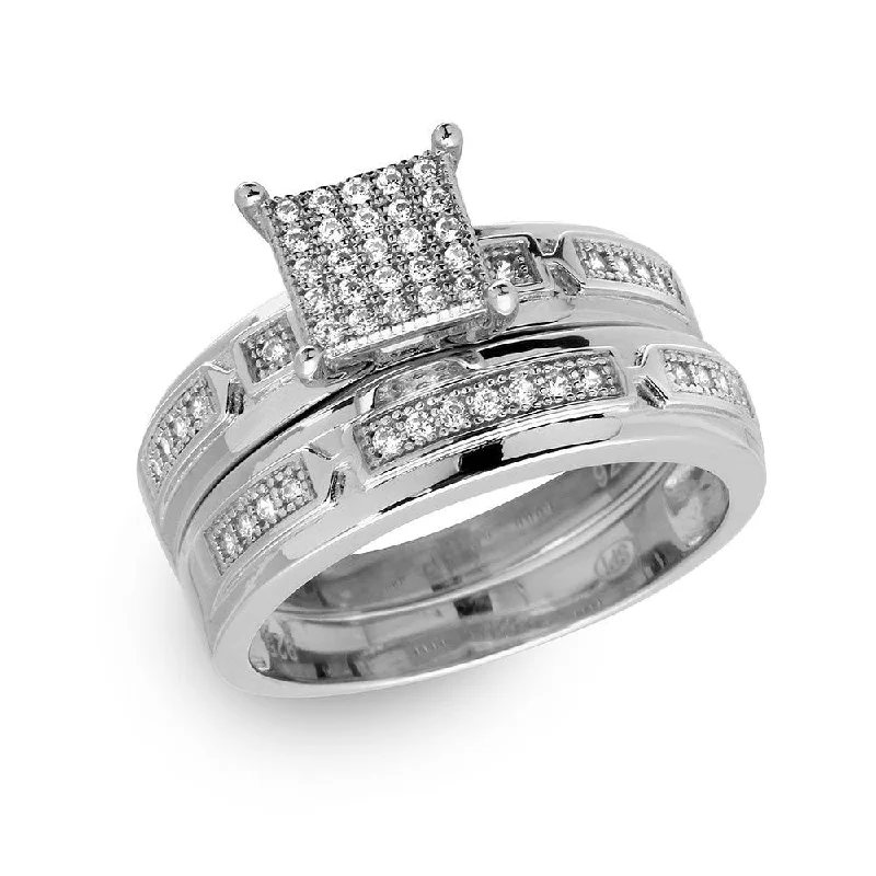 Ladies rings buying guide-Silver 925 Rhodium Plated Square Pave Center Trio Bridal Ring - GMR00168